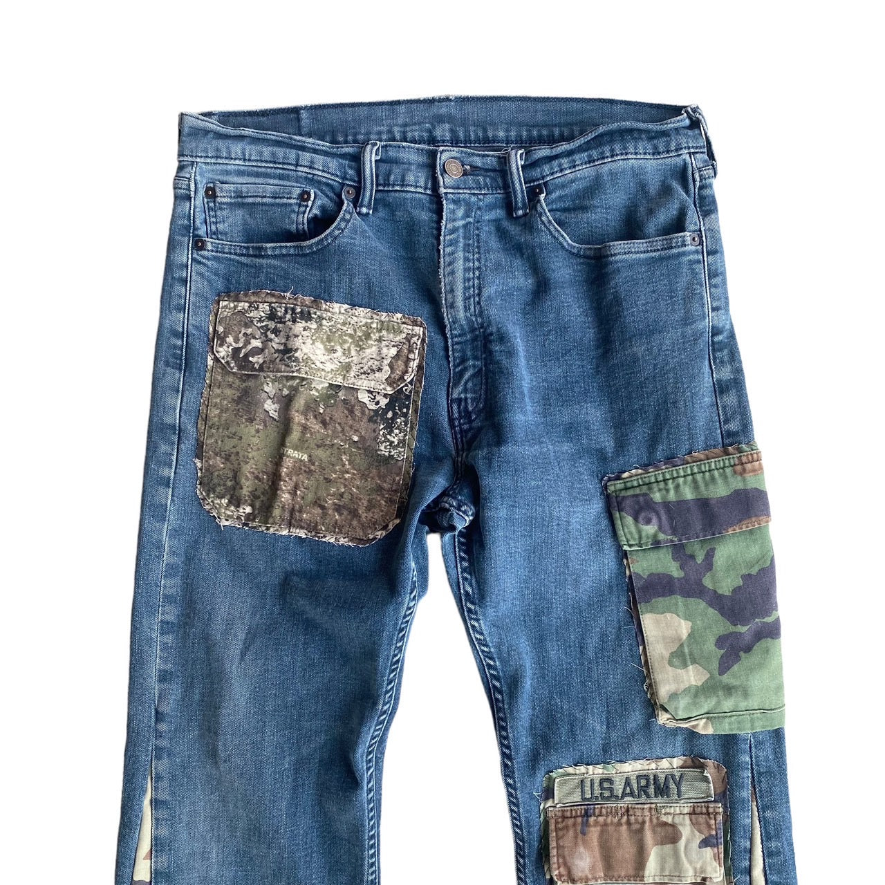 Levi's 505 Custom Reworked Flare Panel Camo Pocket Blue Jeans by Archive.Grn