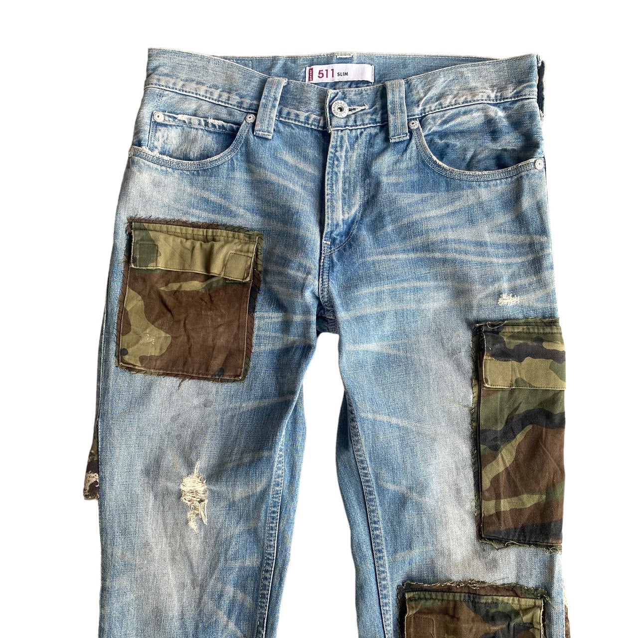 Levi's 511 Custom Reworked Flare Panel Pocket Forest Camo Jeans by Archive.Grn