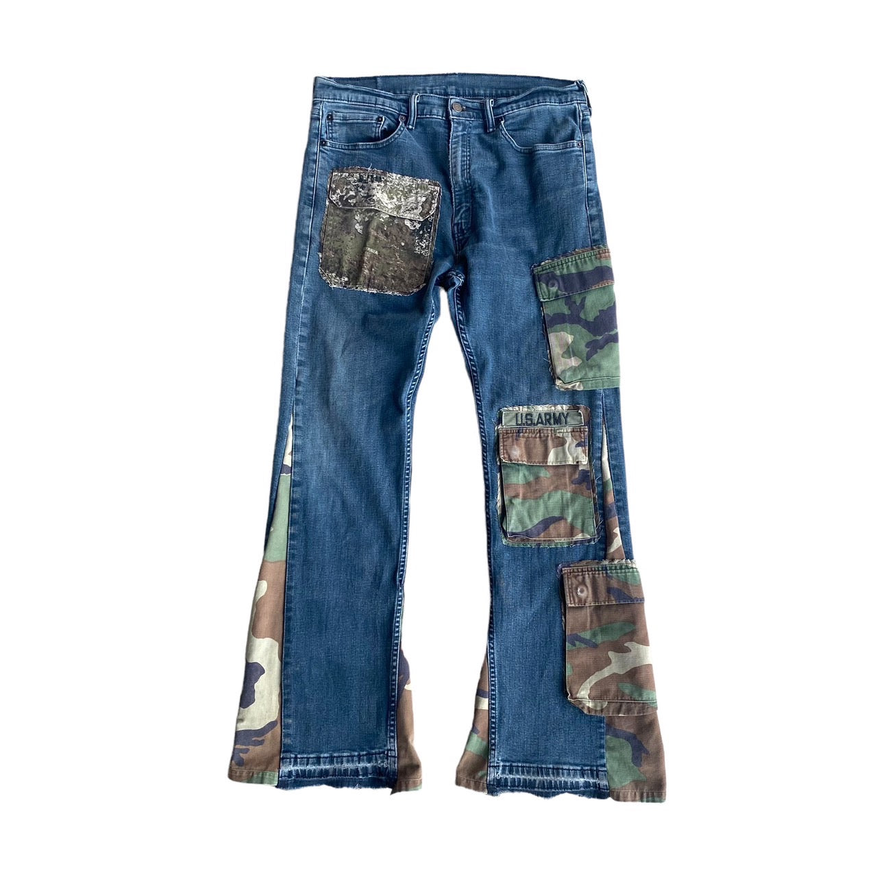 Levi's 505 Custom Reworked Flare Panel Camo Pocket Blue Jeans by Archive.Grn