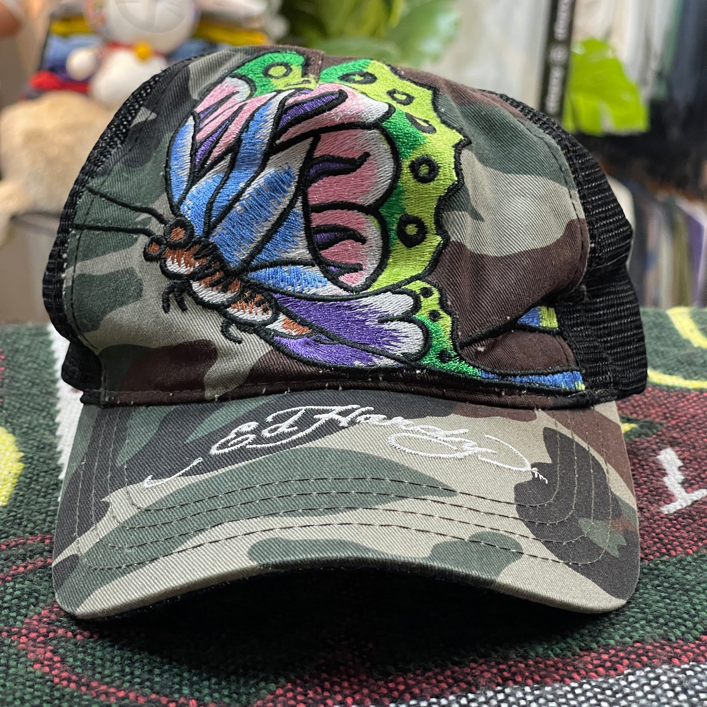 Vintage Ed Hardy "Butterfly" Y2K Green Camo Trucker Hat
